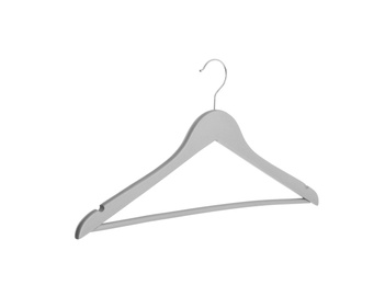 Photo of Empty hanger on white background. Wardrobe accessory