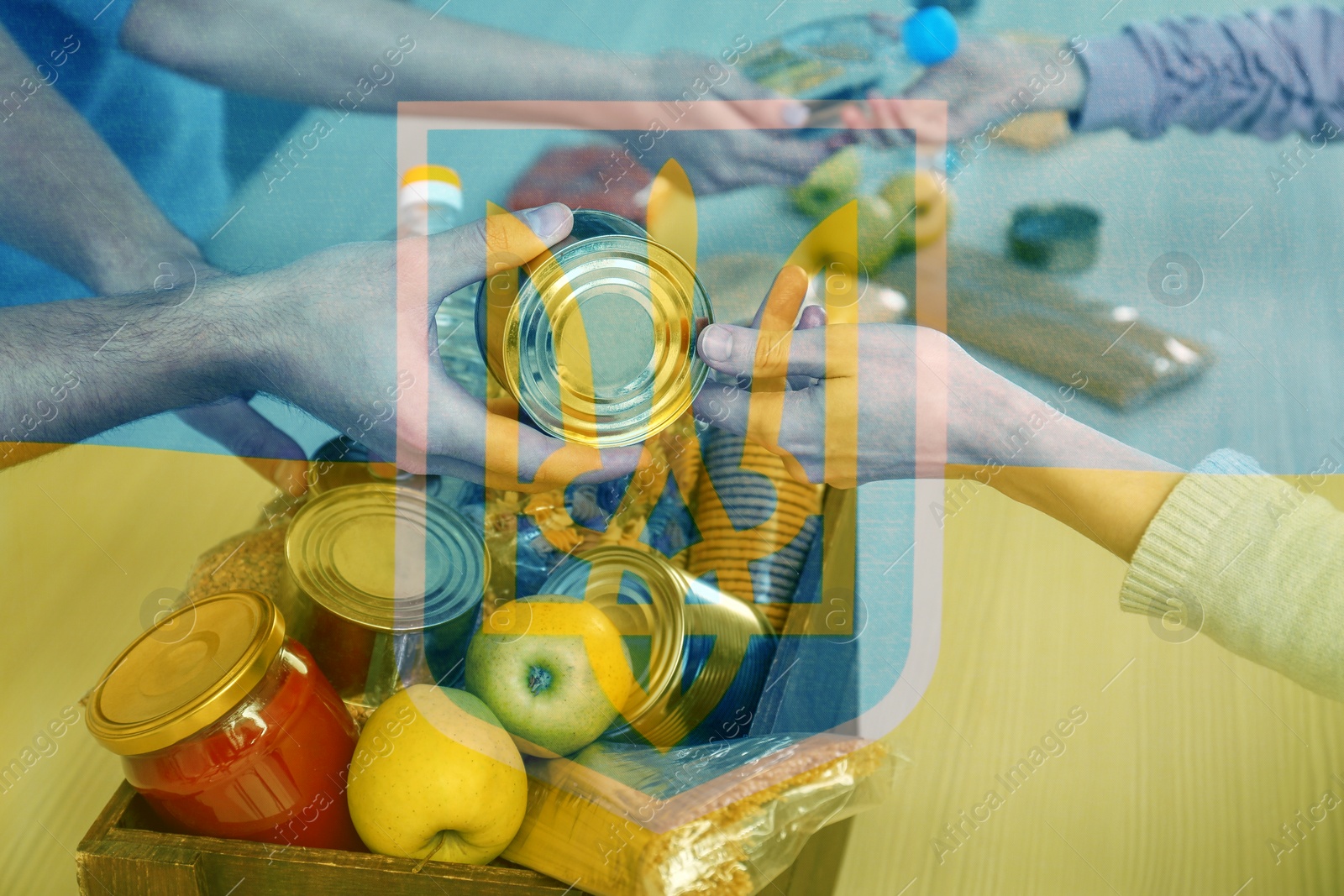 Image of Double exposure of volunteers giving products to refugees and Ukrainian flag, closeup. Help during war