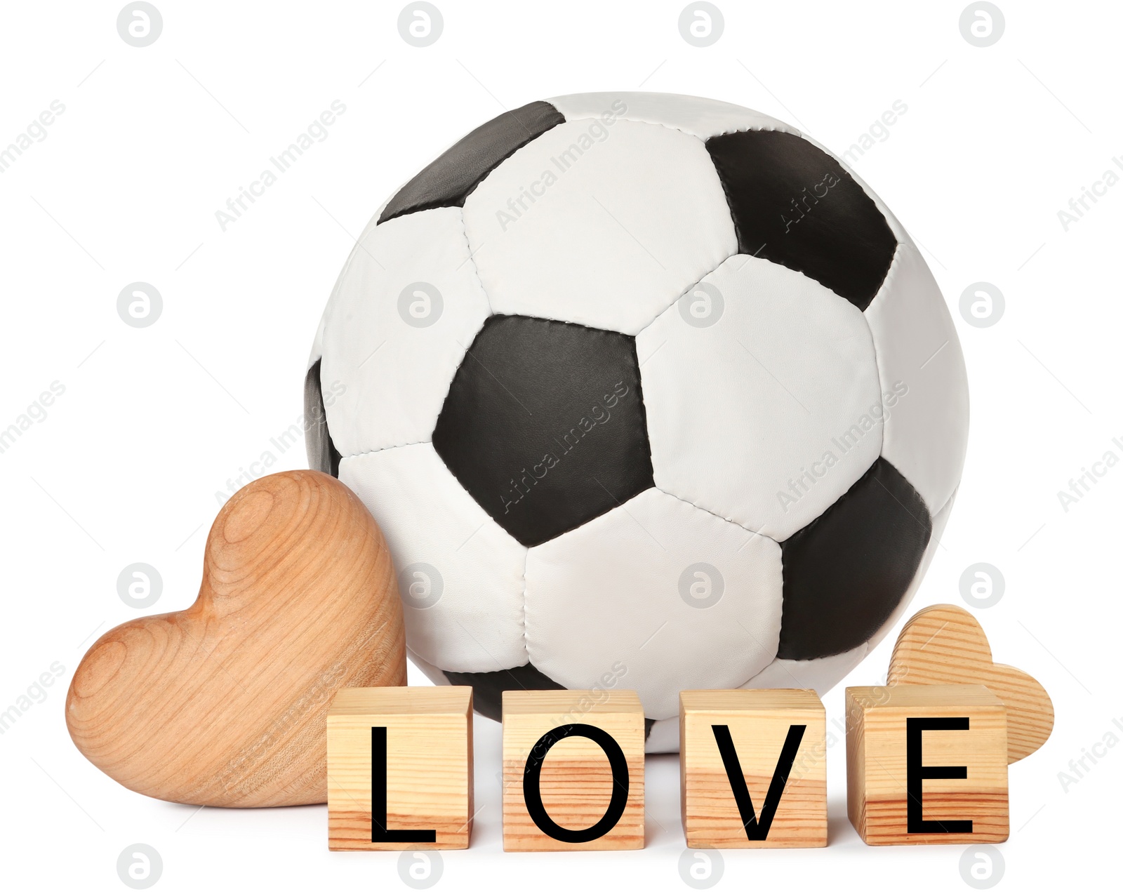 Photo of Soccer ball, hearts and cubes with word Love on white background