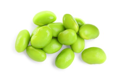 Photo of Fresh green edamame soybeans on white background, top view