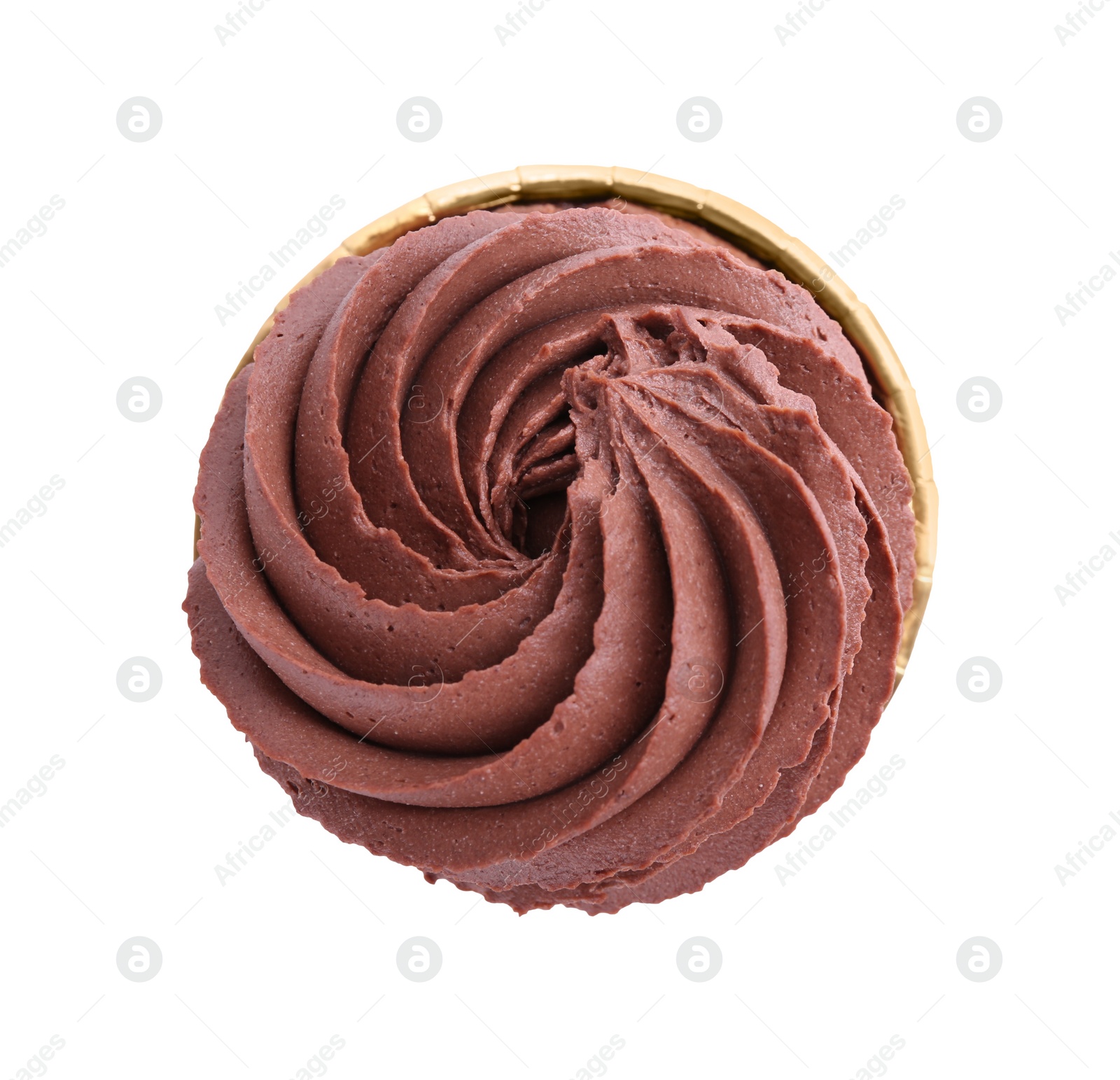 Photo of One delicious chocolate cupcake isolated on white, top view