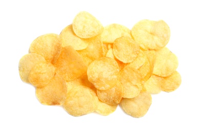 Photo of Tasty crispy potato chips on white background