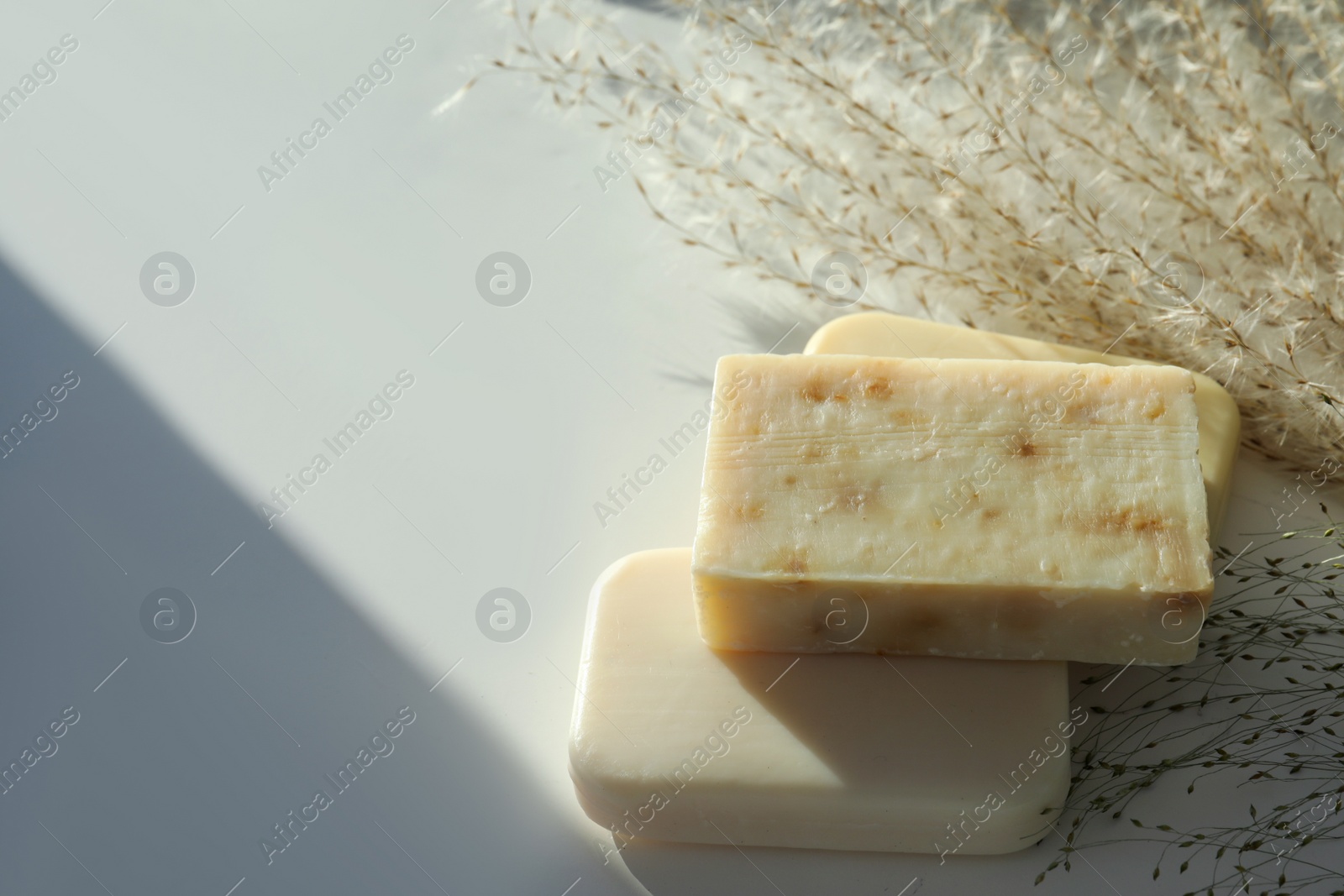 Photo of Different soap bars and dried plant on white table, above view. Space for text