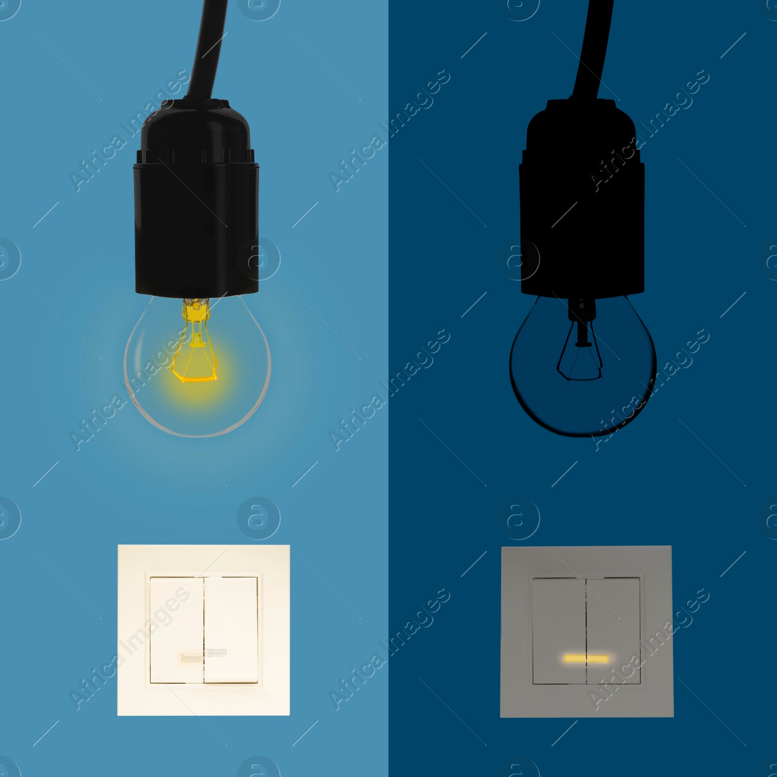 Image of Turned ON and OFF light switches and bulbs, collage