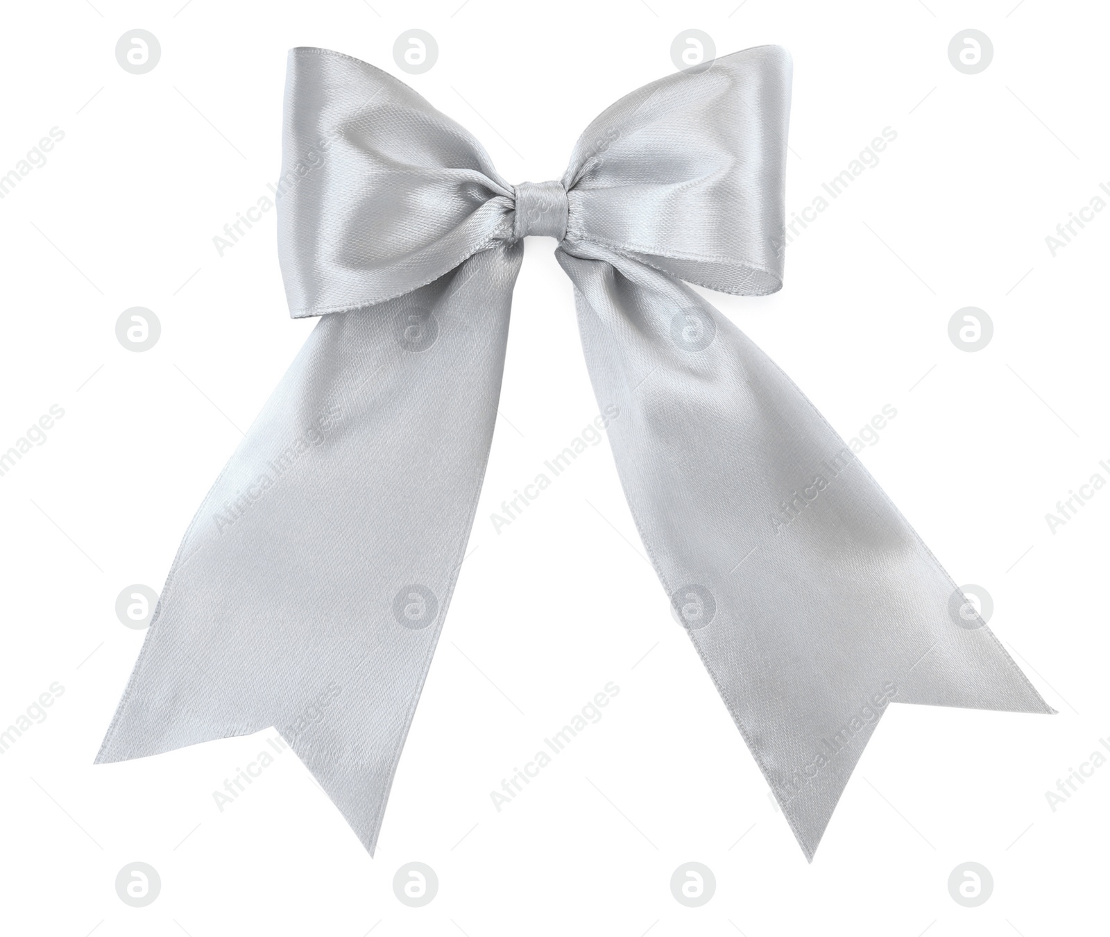 Photo of Beautiful silver ribbon tied in bow isolated on white, top view