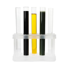 Photo of Test tubes with different types of crude oil isolated on white