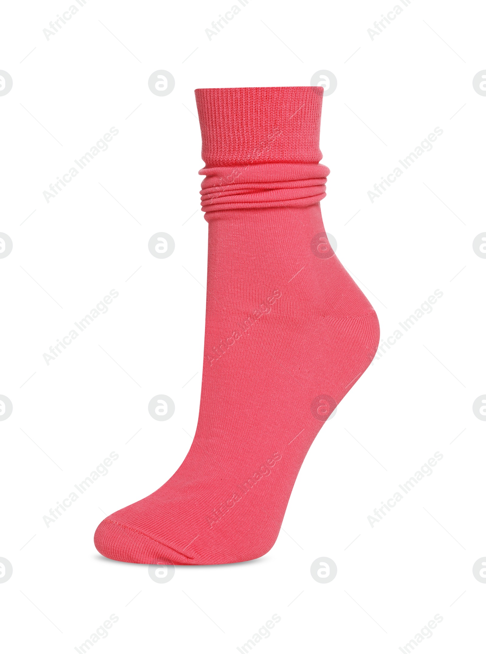 Photo of One bright pink sock on white background