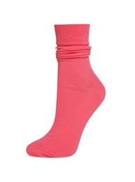 Photo of One bright pink sock on white background
