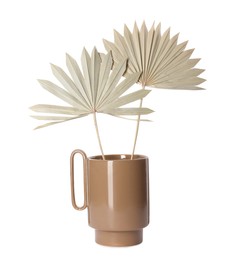 Photo of Stylish ceramic vase with dry leaves on white background