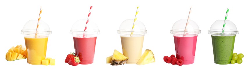Image of Set with different tasty smoothies on white background. Banner design