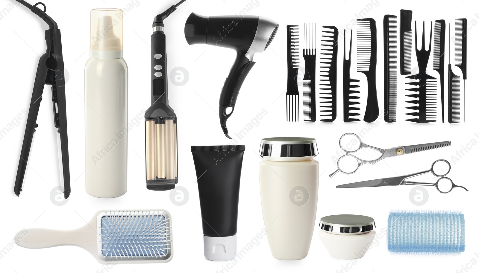 Image of Set with professional hairdresser tools and cosmetic products on white background