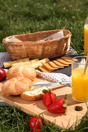 Blanket with juice and snacks for picnic on green grass