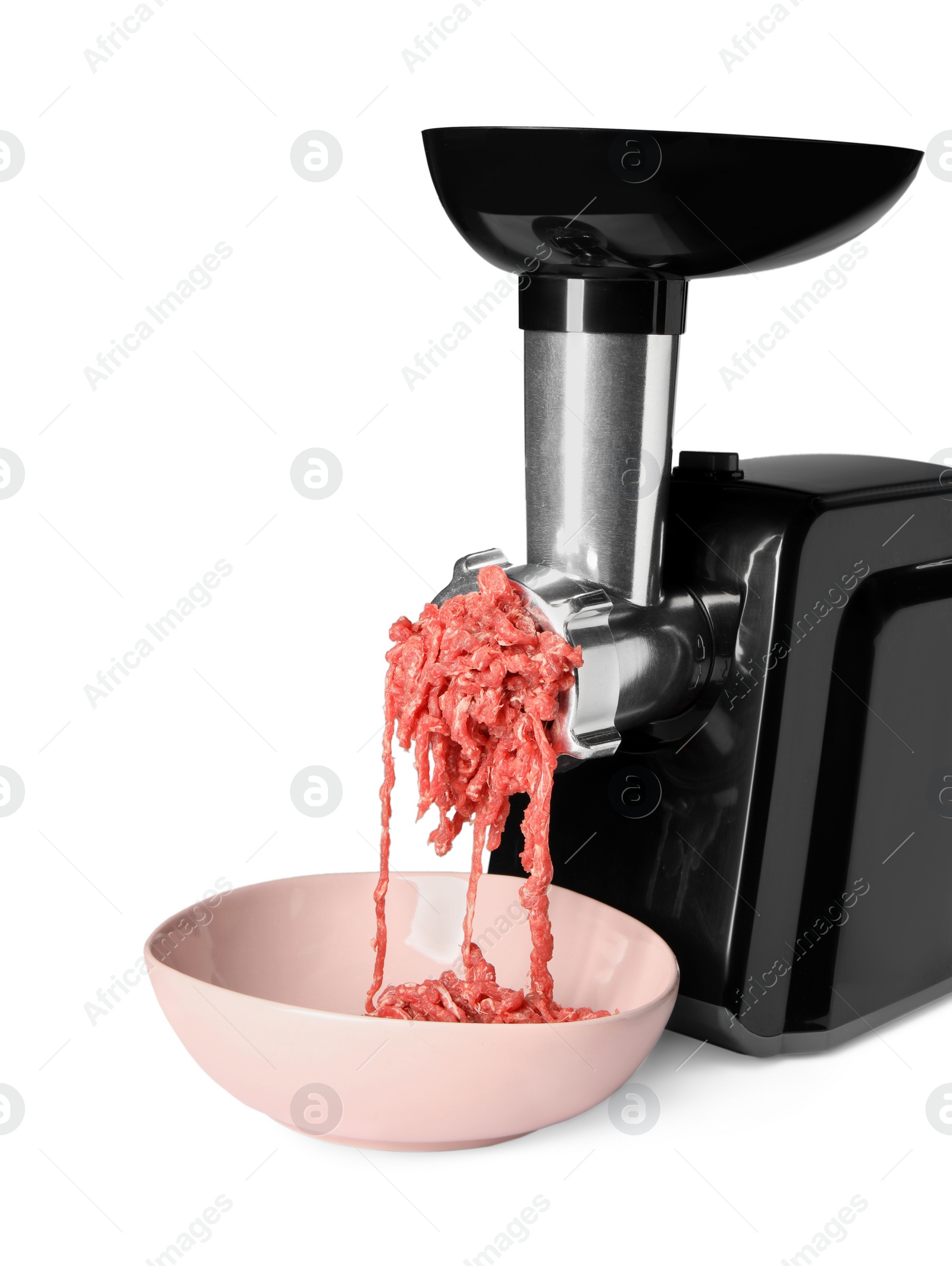 Photo of Electric meat grinder with beef mince isolated on white