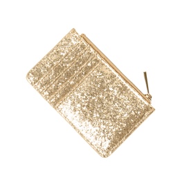 Photo of Stylish gold wallet with sequins on white background, top view