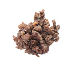 Photo of Pile of fried minced meat on white background, top view