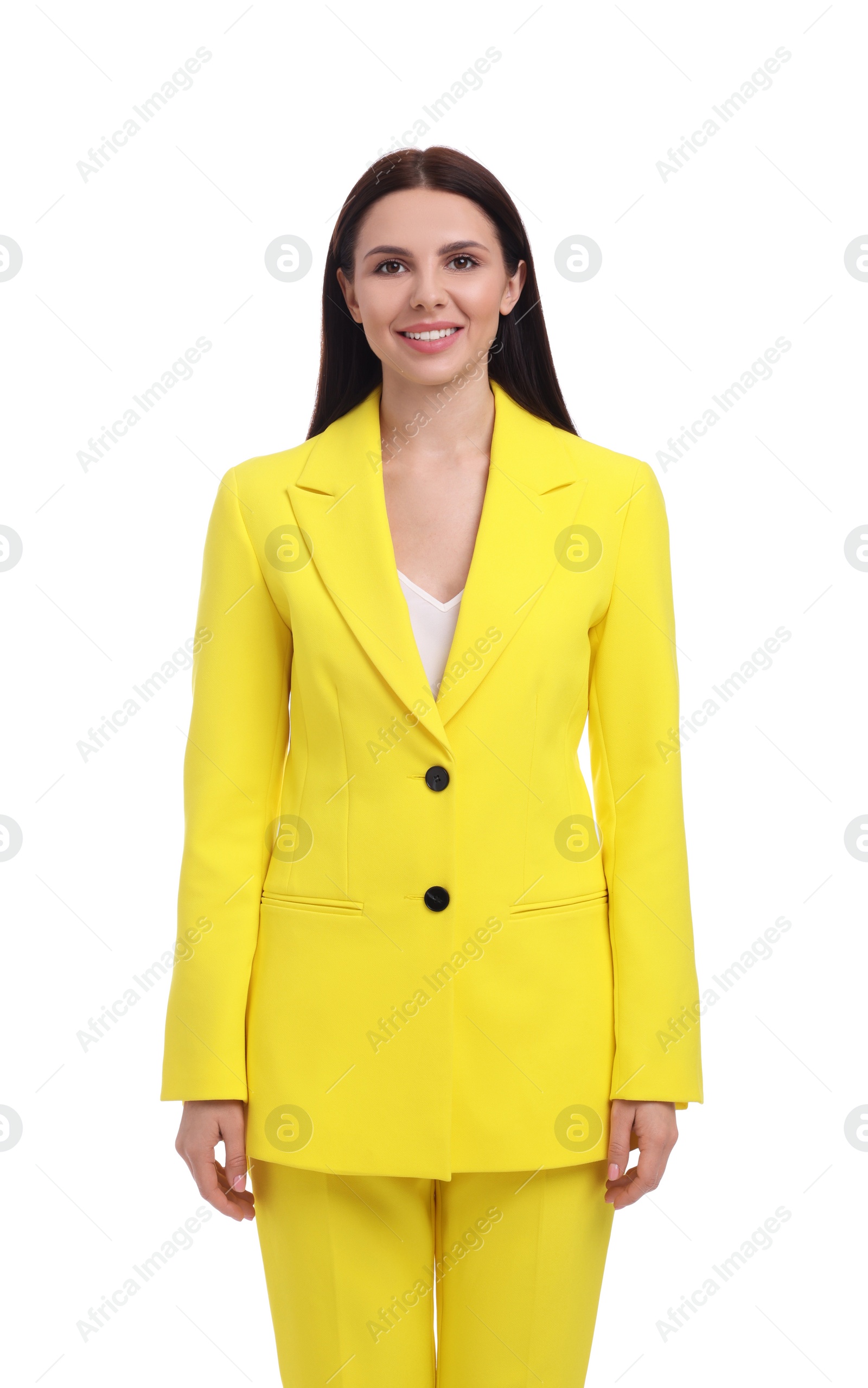 Photo of Beautiful happy businesswoman in yellow suit on white background