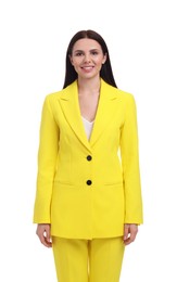 Photo of Beautiful happy businesswoman in yellow suit on white background