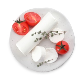 Photo of Delicious goat cheese with tomatoes and thyme on white background, top view