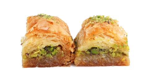 Photo of Delicious fresh baklava with chopped nuts isolated on white. Eastern sweets