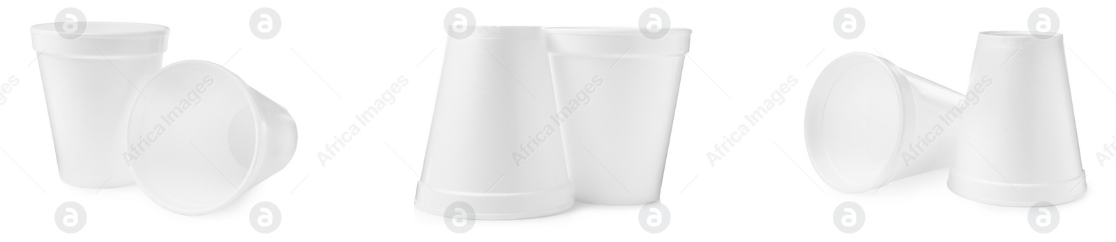 Image of Set with styrofoam cups on white background. Banner design