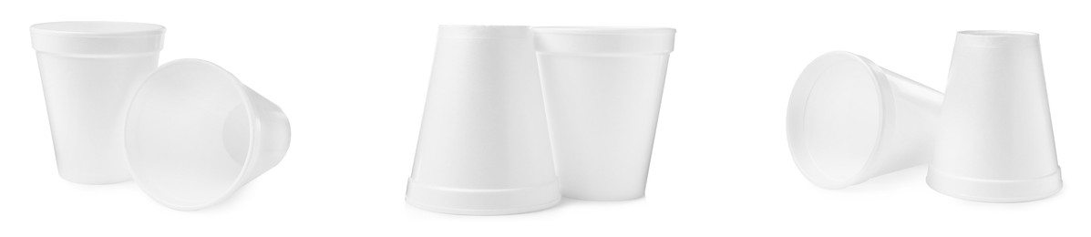 Image of Set with styrofoam cups on white background. Banner design