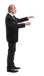 Professional conductor with baton on white background