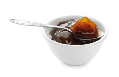 Bowl of tasty sweet fig jam and spoon isolated on white