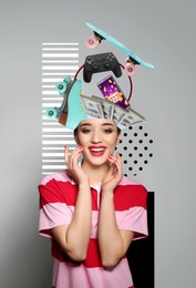 Image of Popular obsessions. Happy woman on color background, money and other things grabbing attention flying from her head