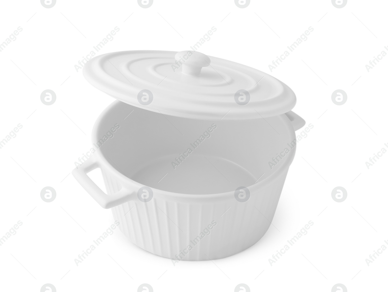 Photo of One empty ceramic pot with lid isolated on white