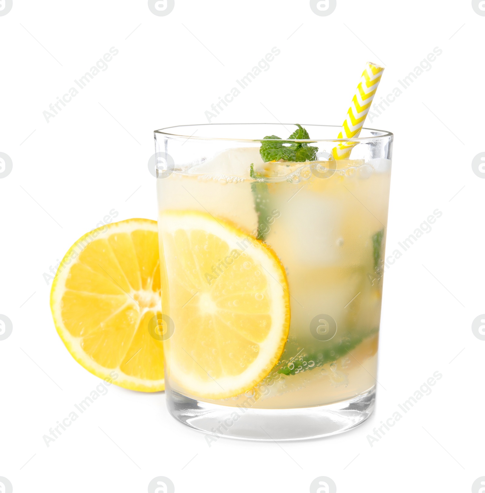 Photo of Cool freshly made lemonade in glass isolated on white