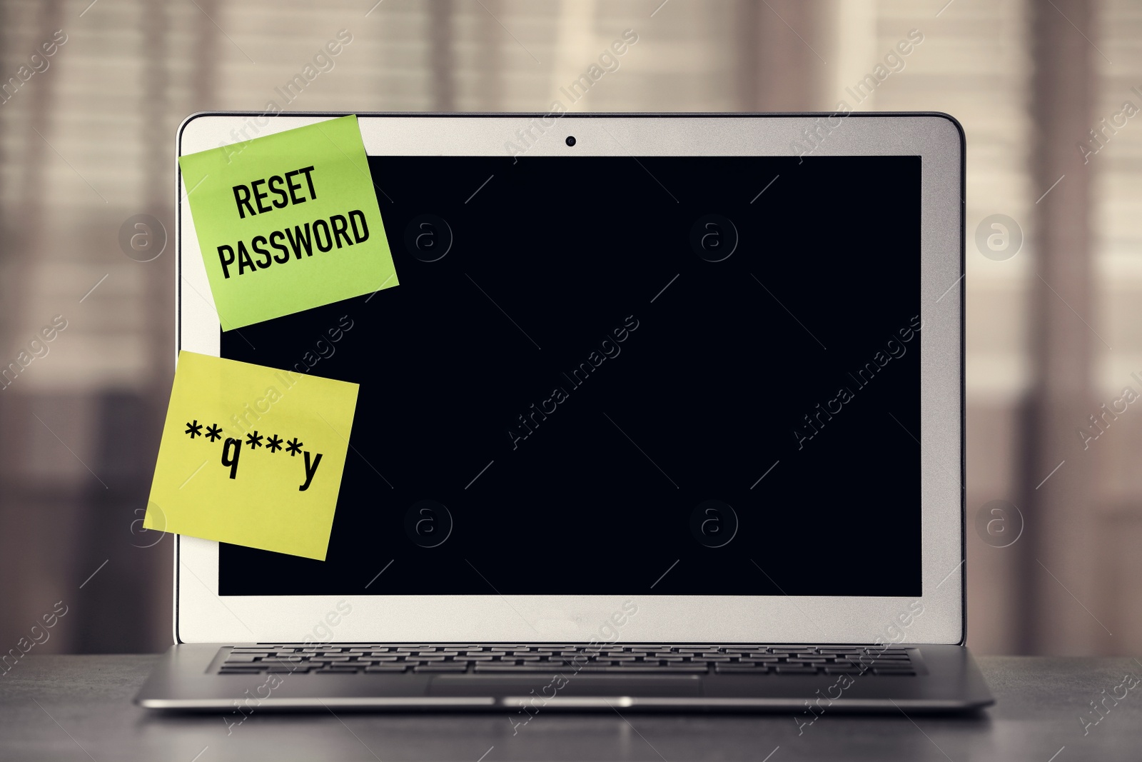 Image of Sticky notes with passcode and phrase Reset Password on laptop. Space for text