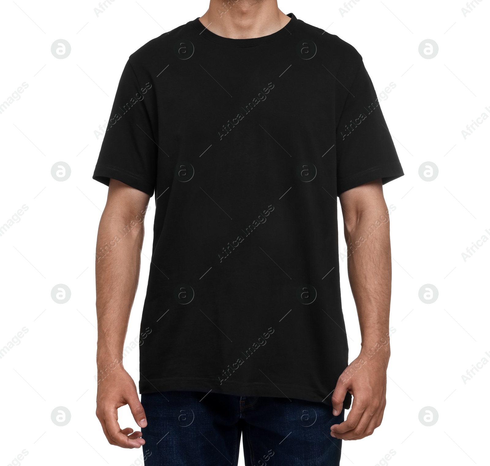 Photo of Man in black t-shirt on white background, closeup