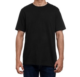 Man in black t-shirt on white background, closeup