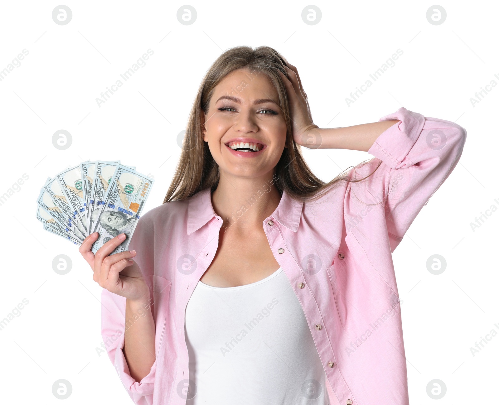 Photo of Portrait of happy young woman with money on white background