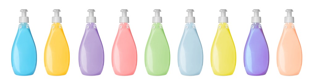 Image of Set with bottles of multicolored liquid soap on white background. Banner design