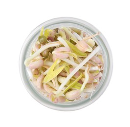 Photo of Mung bean sprouts in glass jar isolated on white, top view