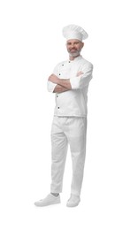 Photo of Happy chef in uniform with crossed arms on white background