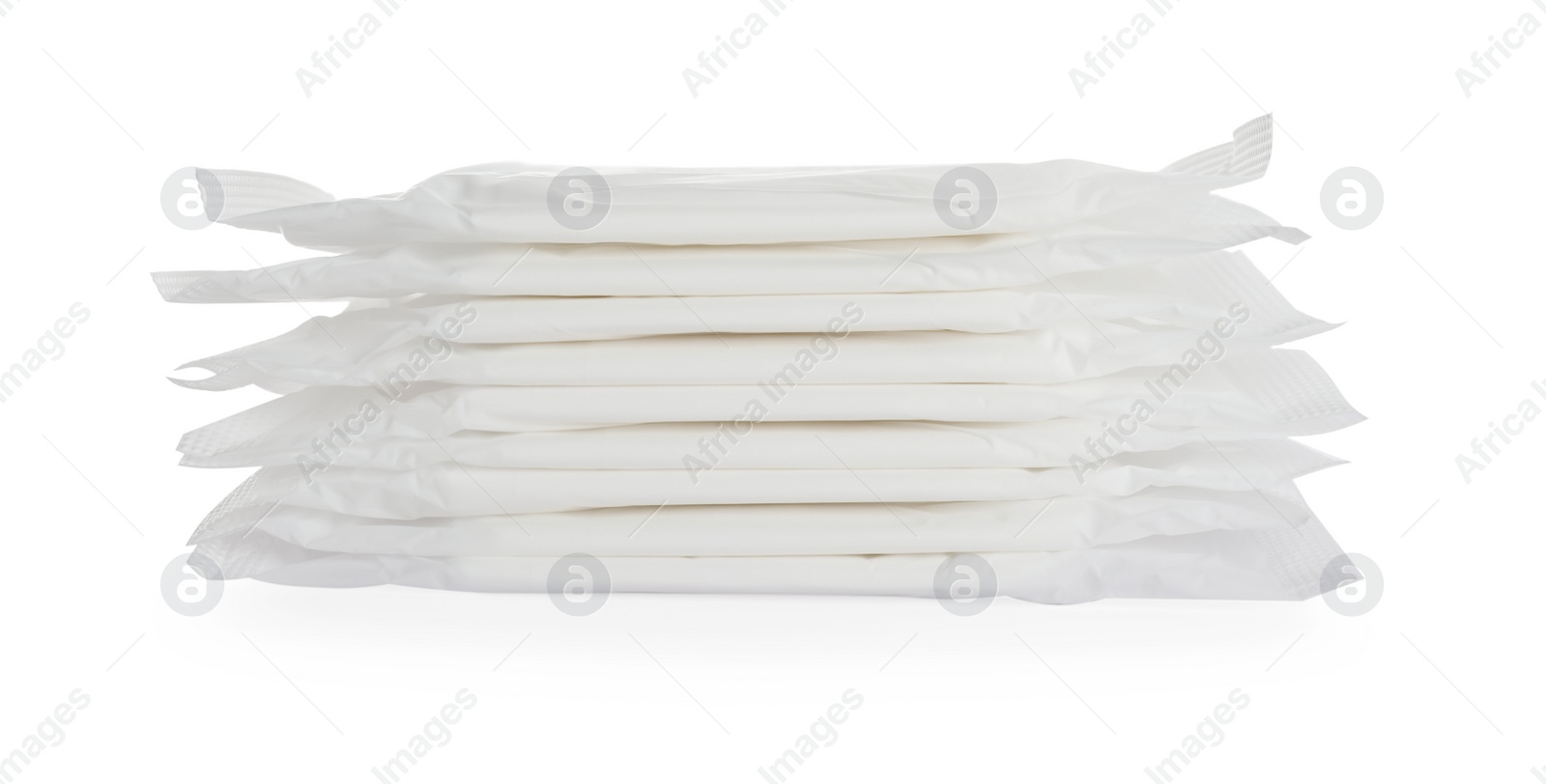 Photo of Stack of menstrual pads on white background. Gynecological care