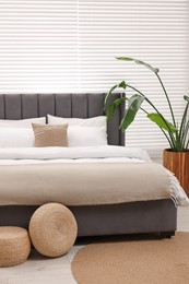 Stylish bedroom interior with large bed and houseplant