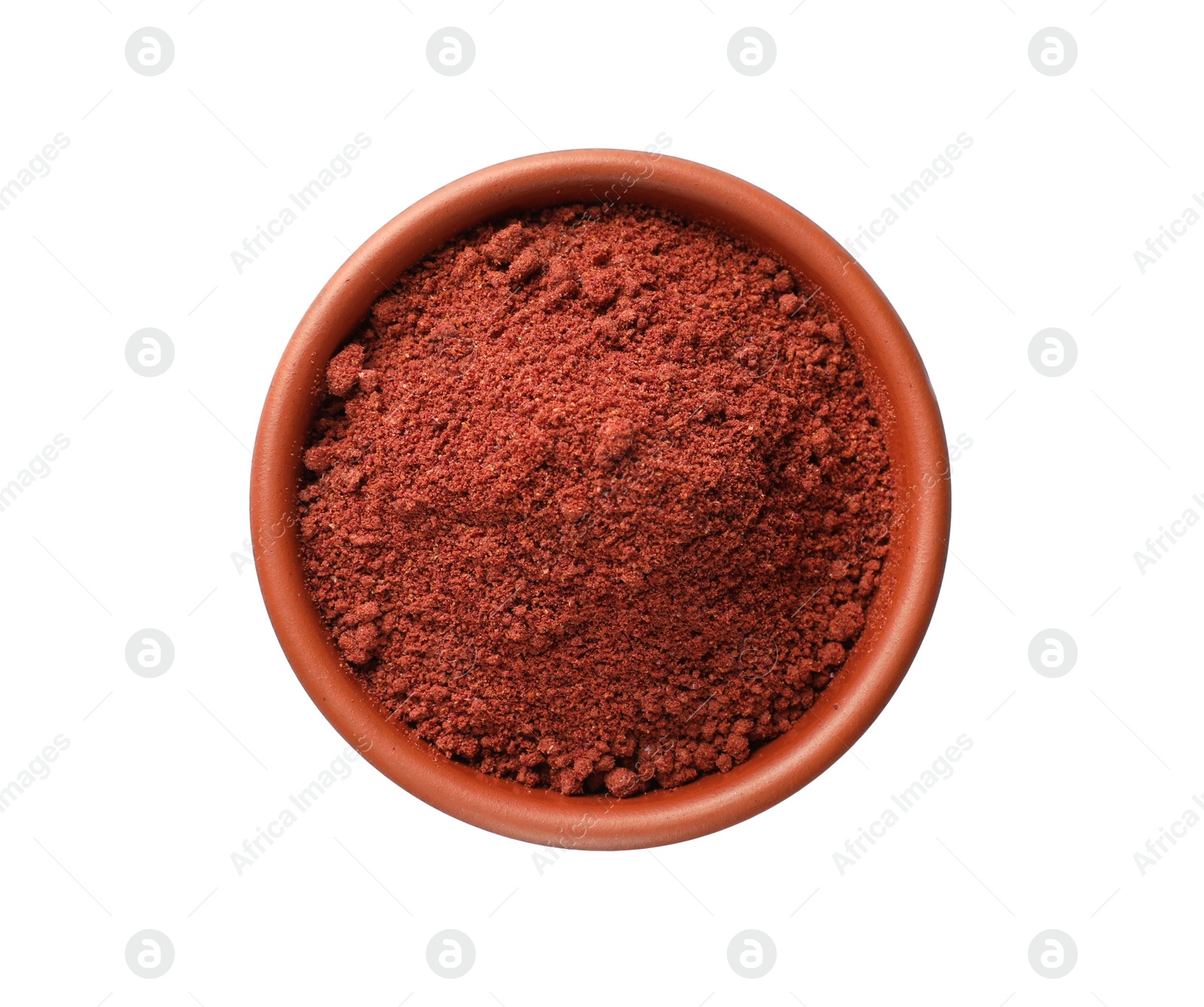 Photo of Cranberry powder in bowl isolated on white, top view