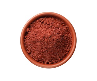 Photo of Cranberry powder in bowl isolated on white, top view