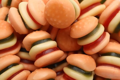 Photo of Tasty jelly candies in shape of burger, closeup