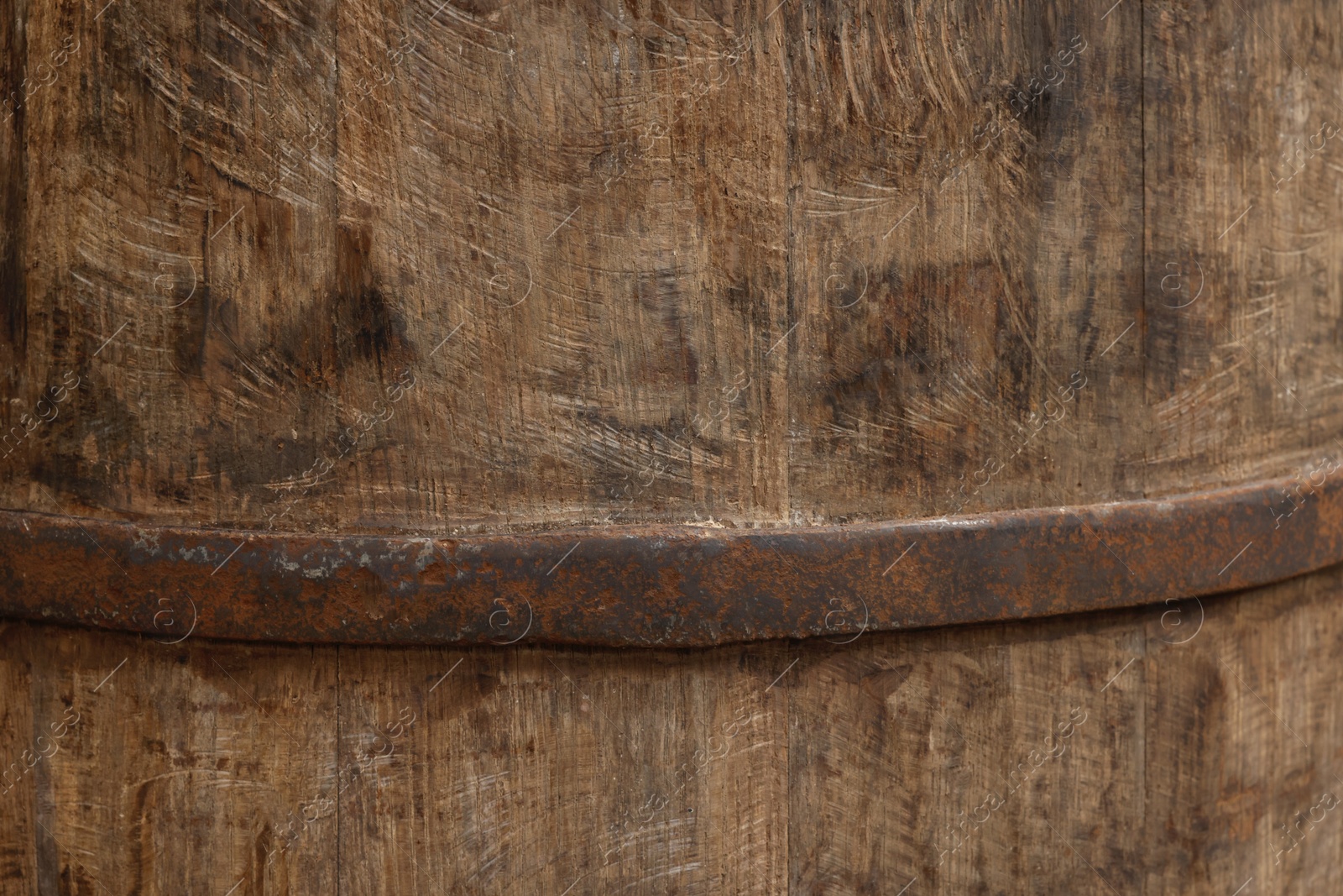 Photo of Traditional wooden barrel as background, closeup. Wine making