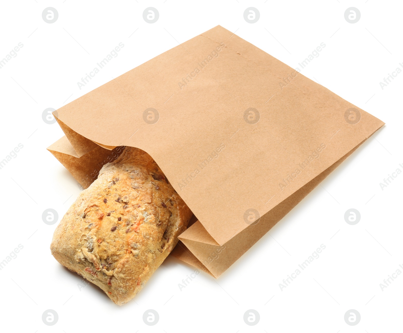 Photo of Paper bag with bread on white background. Space for design