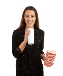 Photo of Woman with popcorn and beverage during cinema show on white background