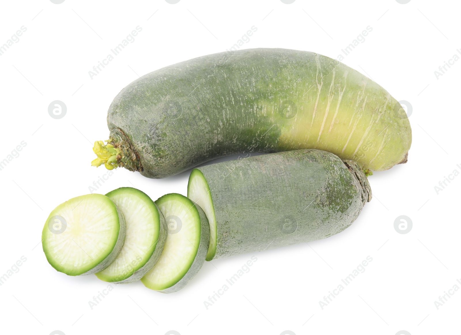 Photo of Green daikon radishes isolated on white, top view