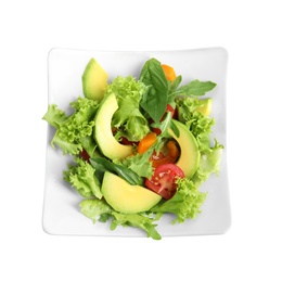 Delicious avocado salad in bowl on white background, top view