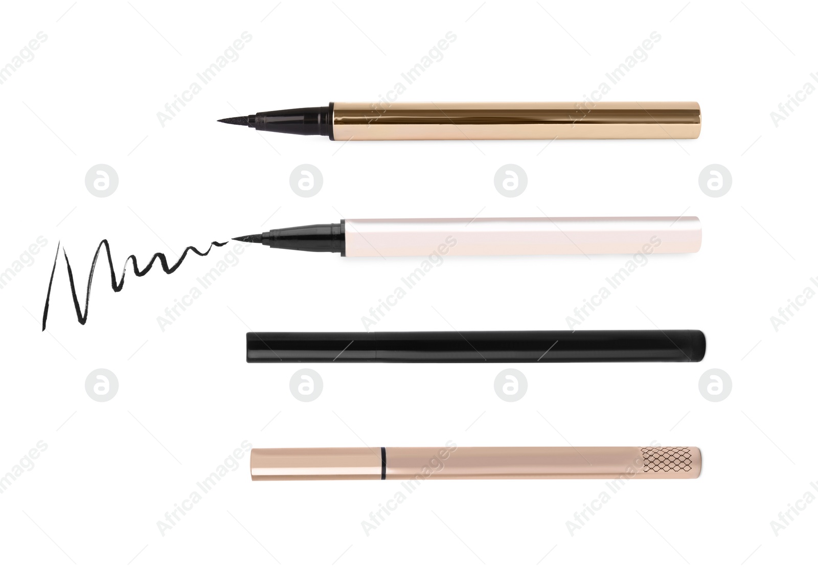 Image of Collage with different eyeliners and stroke on white background, top view