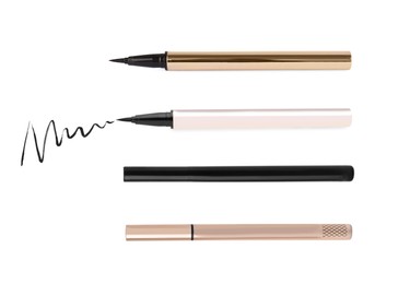 Image of Collage with different eyeliners and stroke on white background, top view