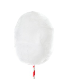 Photo of Straw with yummy cotton candy on white background